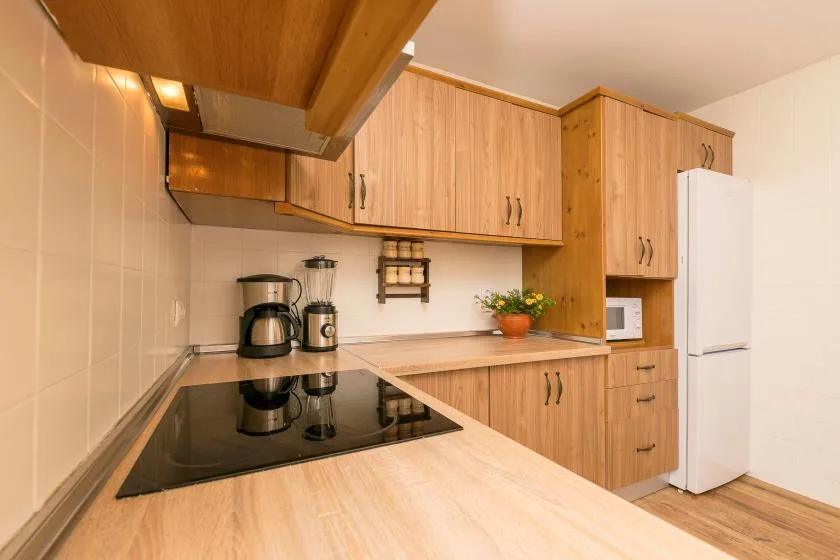A wood-cabinet kitchen with a cooktop, countertop appliances, and a refrigerator.