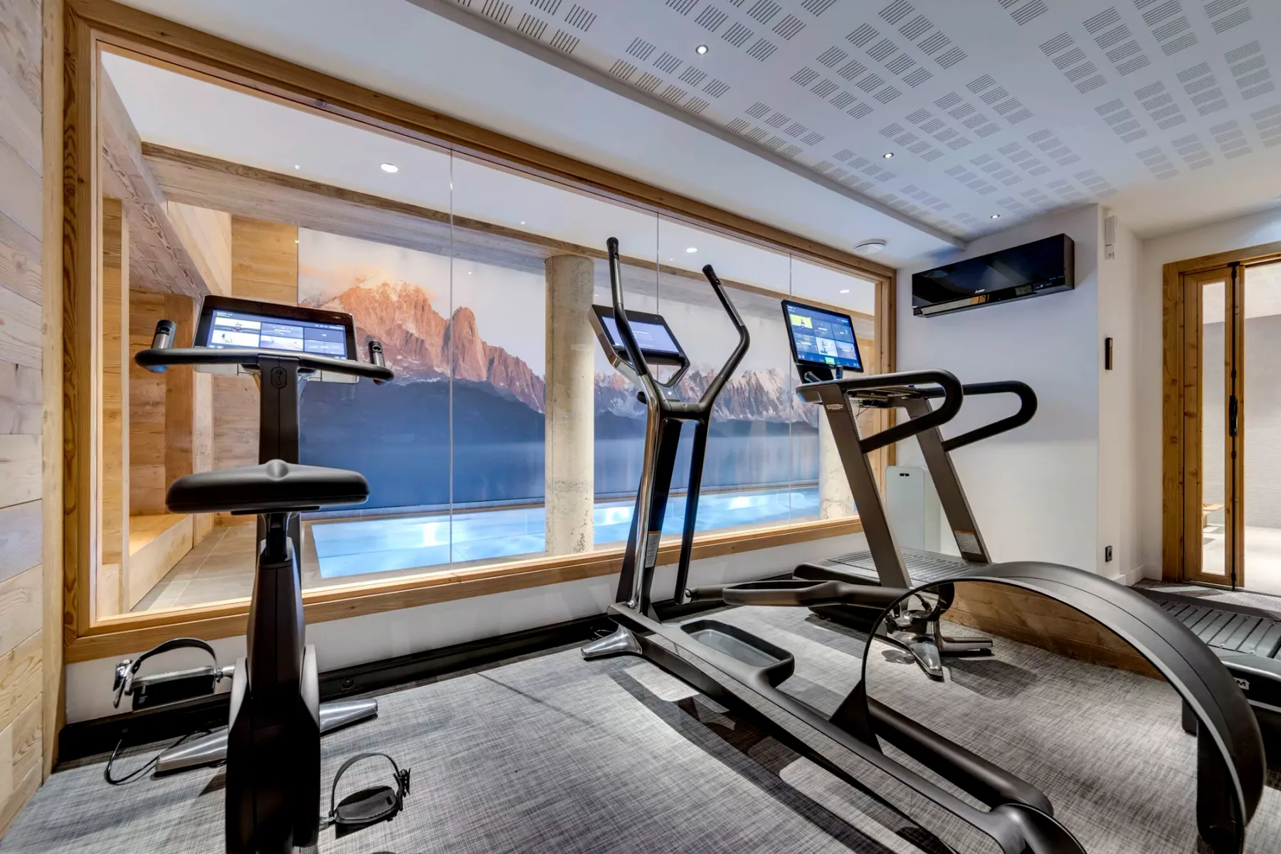 A fitness room with exercise machines beside large windows overlooking a mountain landscape.