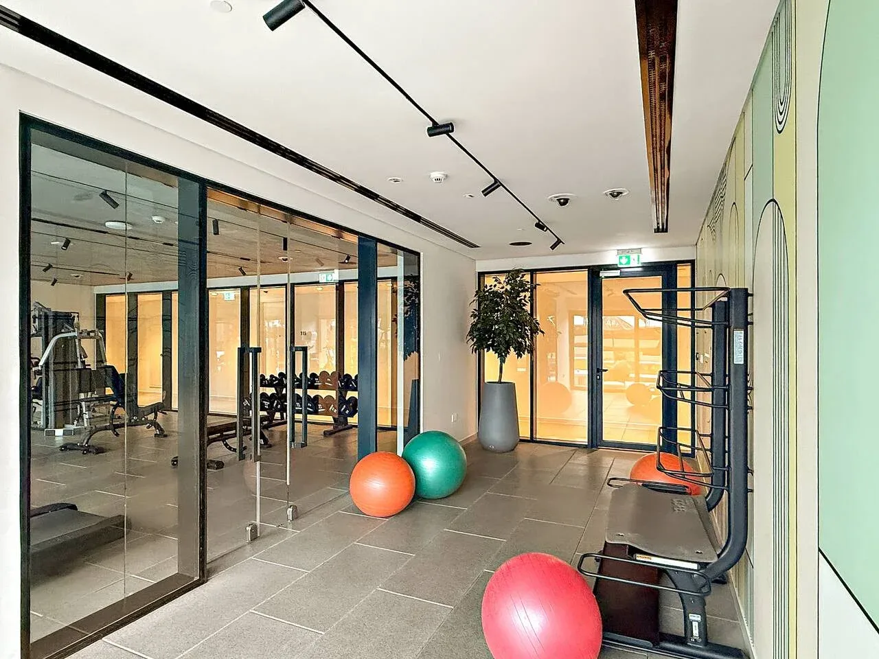 A bright gym entrance with glass walls, exercise equipment, and colorful exercise balls.