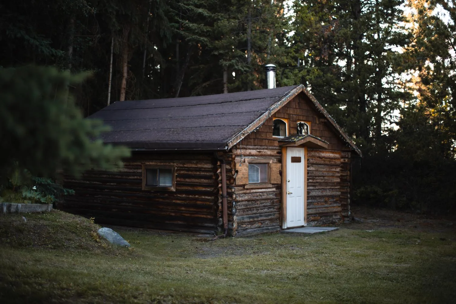 La cabaña Cottage al anochecer: una pequeña cabaña de troncos revestida de tejuelas, con un techo muy inclinado, una puerta blanca y un tubo de estufa, situada sobre el césped entre los abetos.