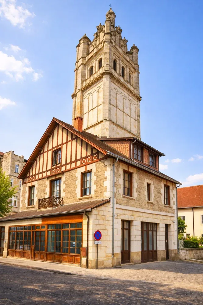 A historic stone building with a tall tower and timber-framed upper facade.