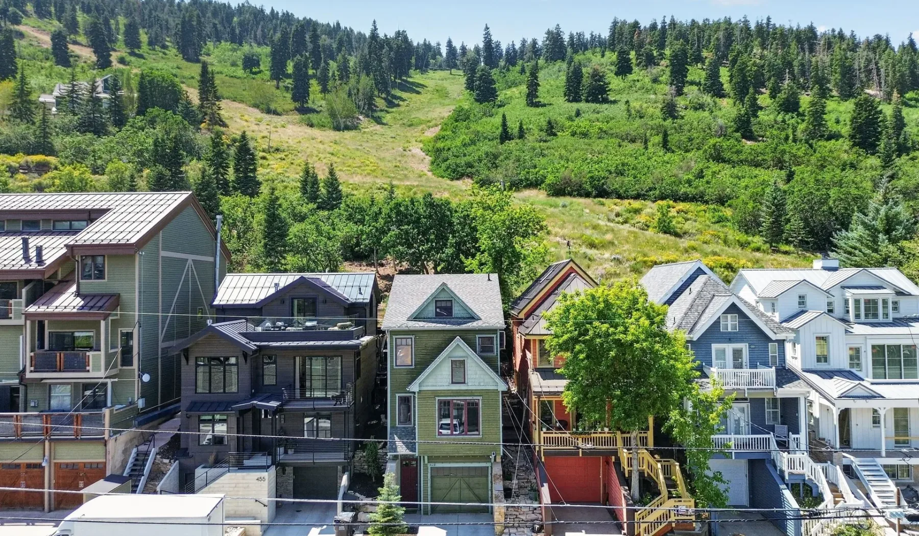 Una hilera de casas de montaña se encuentra al pie de una ladera verde y boscosa.