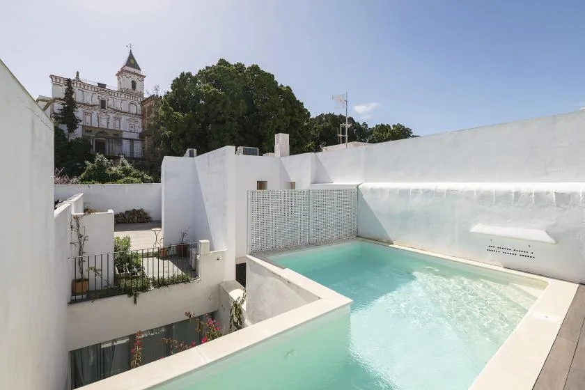 A rooftop swimming pool sits beside white walls, with trees and a building beyond.