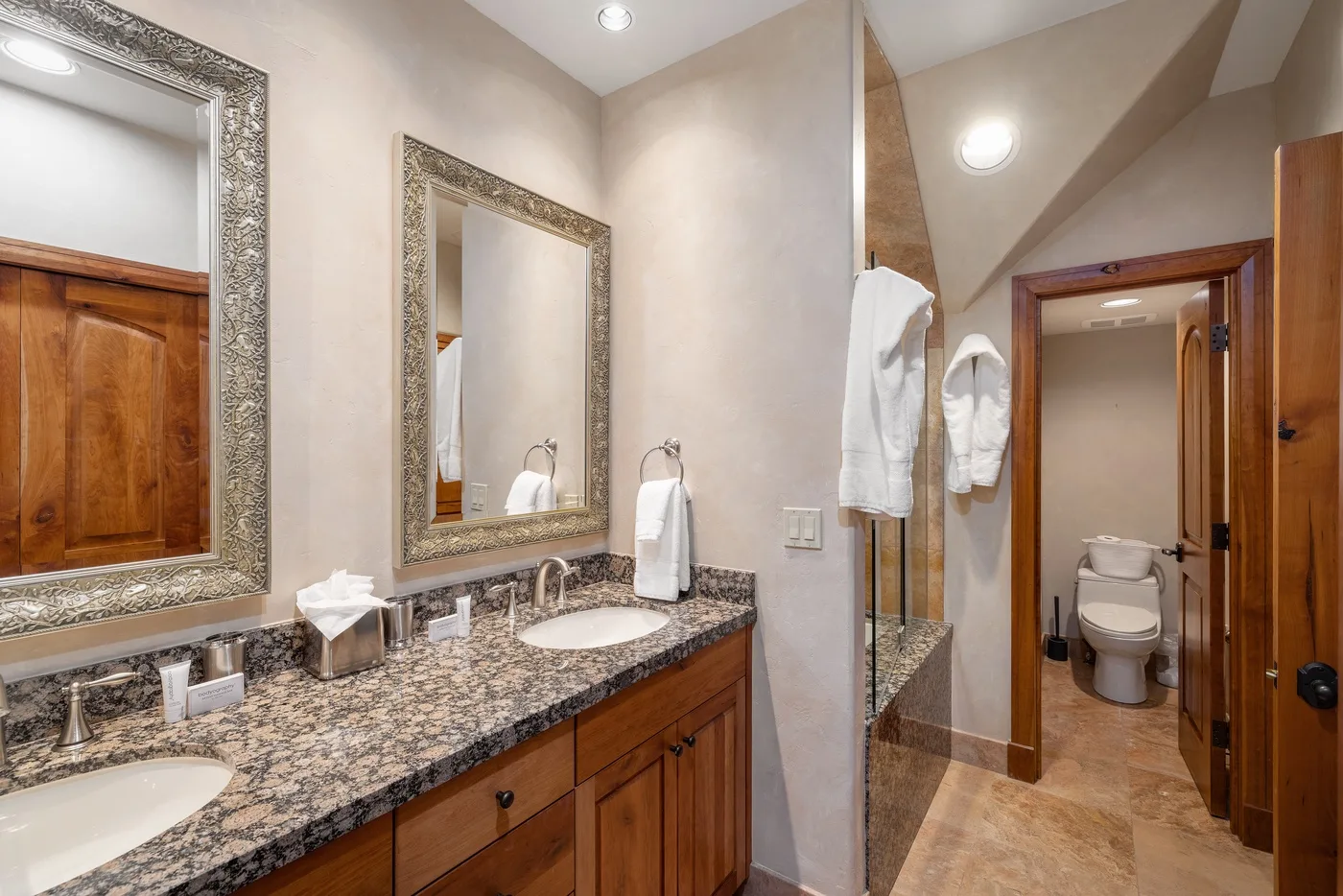A bathroom vanity with a stone-patterned countertop and a toilet visible through the doorway.