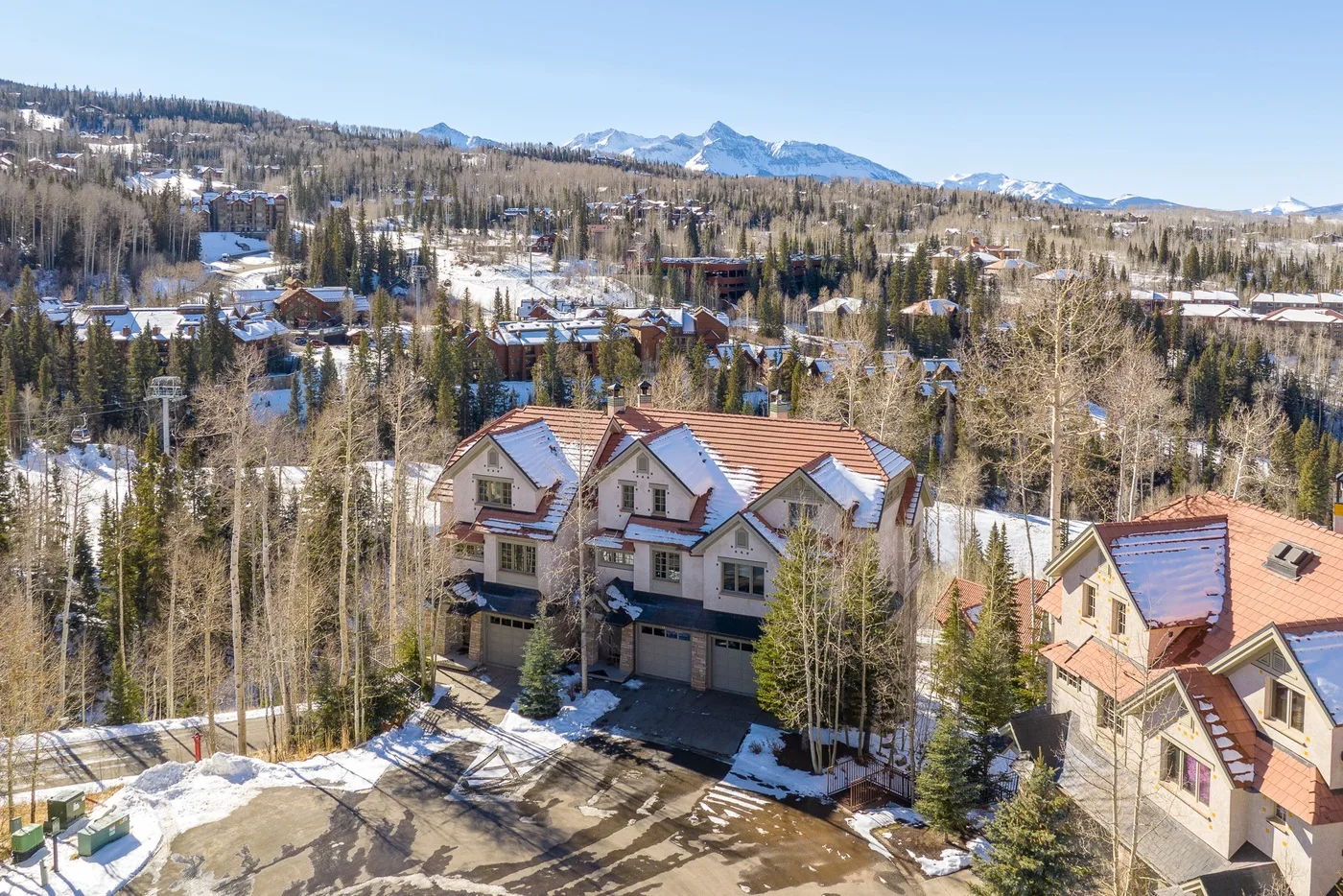 Aerial view of snow-dusted houses among trees, with mountains in the distance.