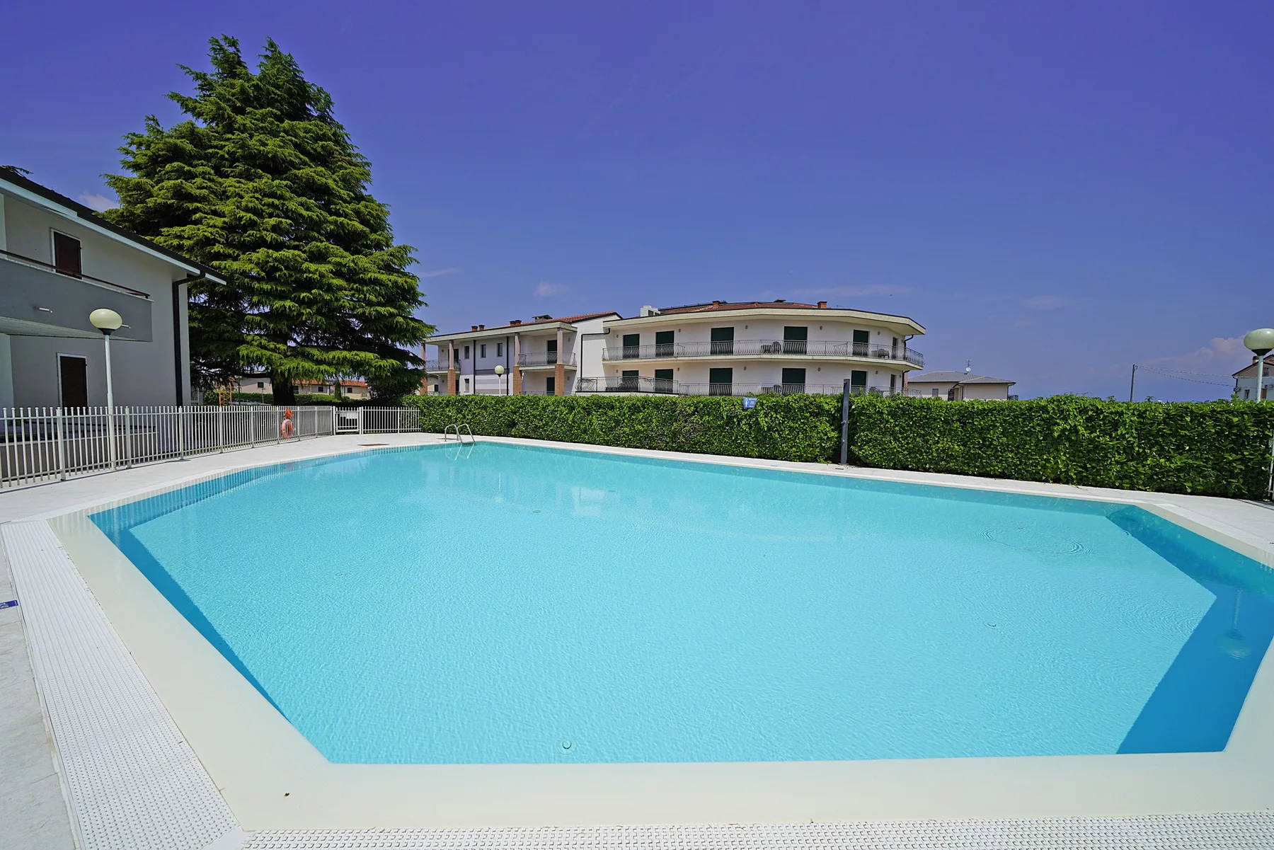 Una piscina al aire libre está junto a un seto y edificios bajos.