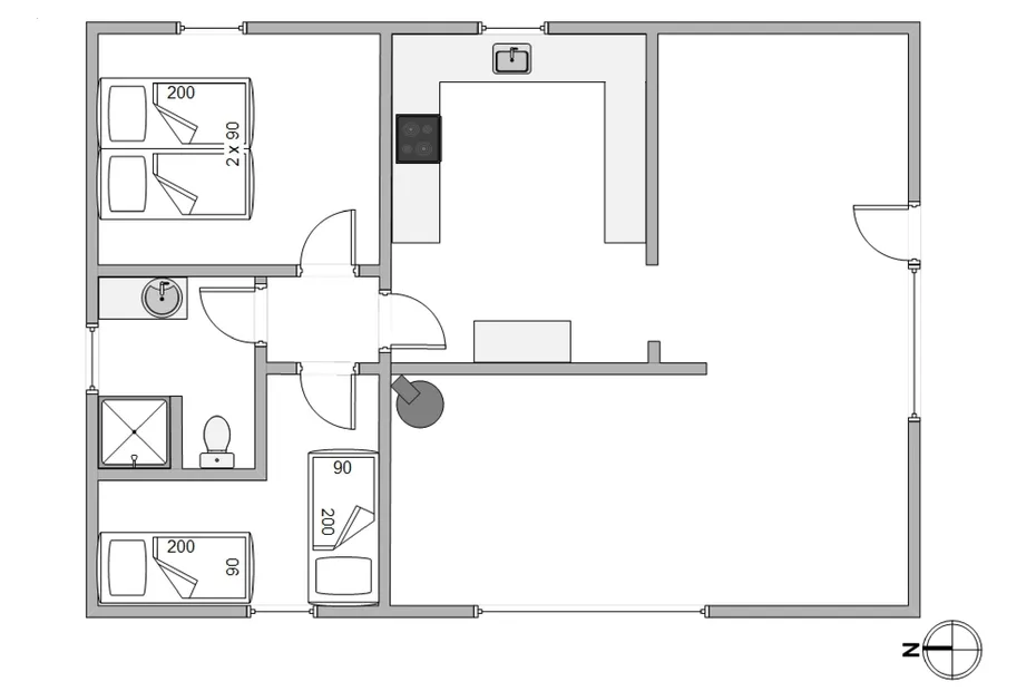 Un plano muestra varias habitaciones dispuestas alrededor de una cocina y sala centrales.