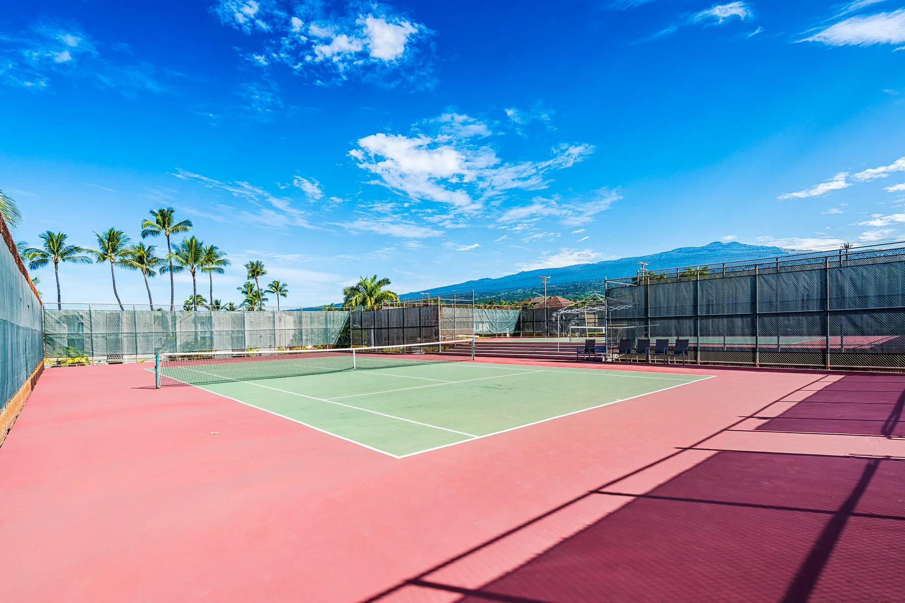 Una pista de tenis al aire libre con palmeras y montañas a lo lejos.
