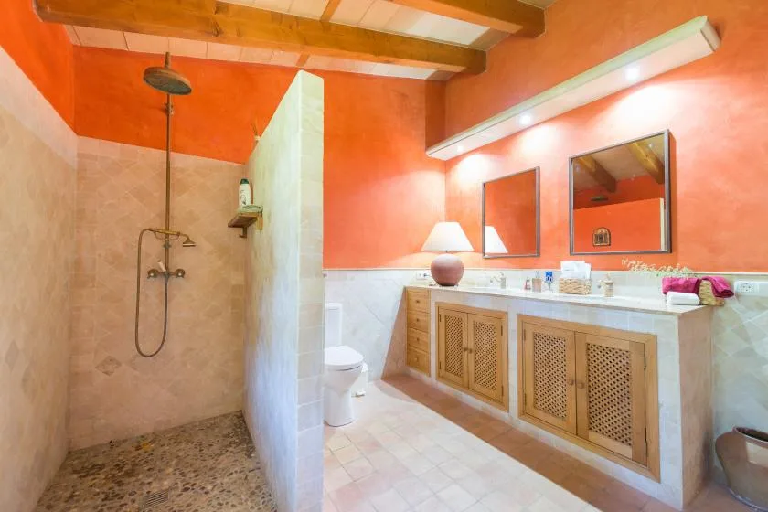 A bathroom with a walk-in shower, toilet, and long vanity.