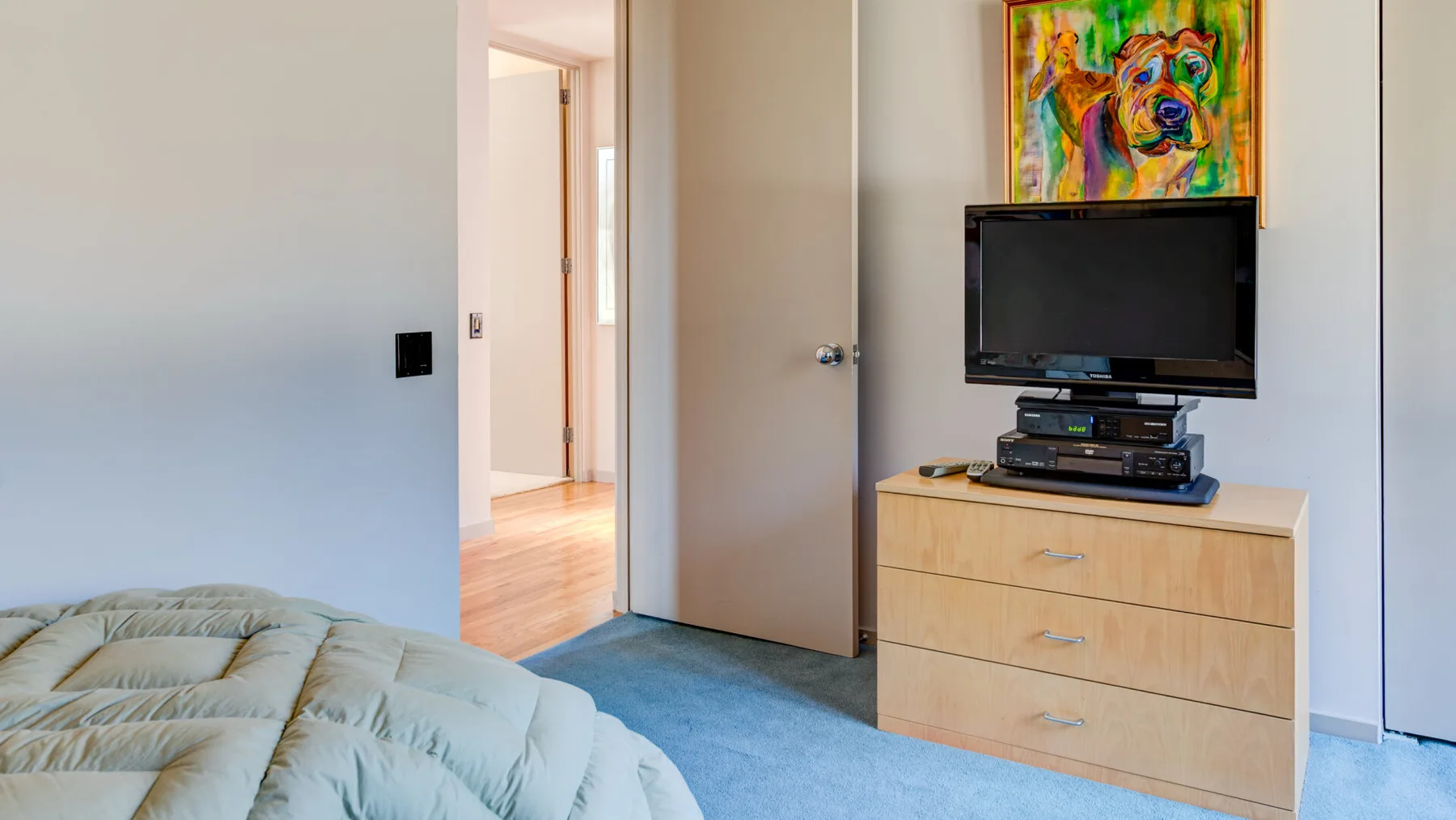 Un dormitorio con una cama y un televisor sobre una cómoda.