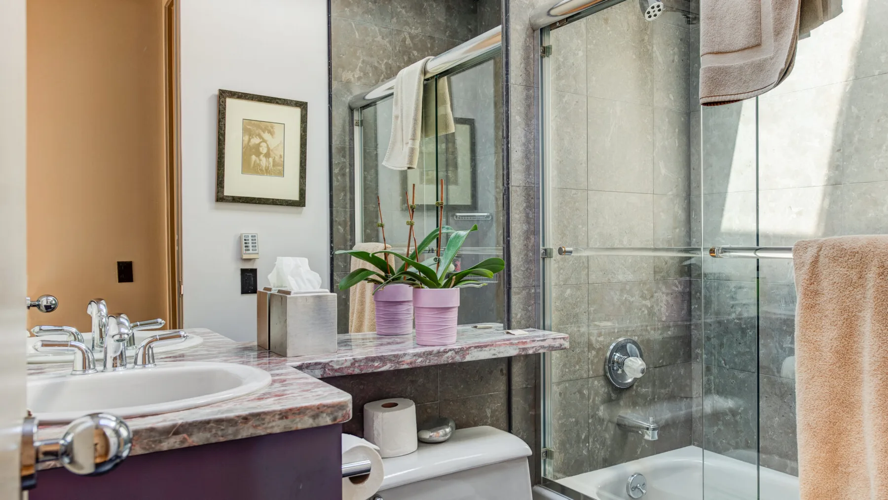 Un tocador de baño con plantas en macetas junto a una ducha de vidrio.