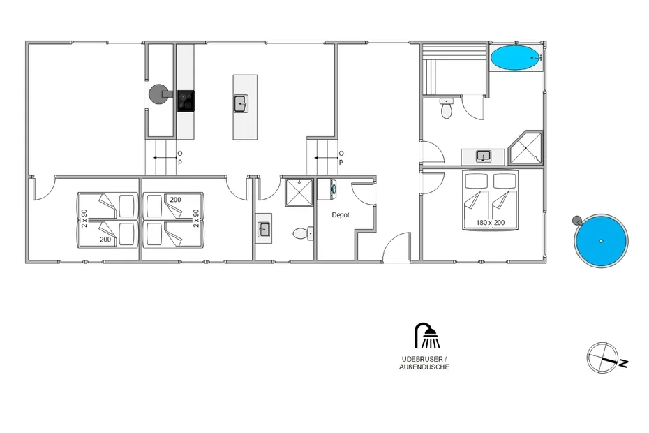 Un plano muestra varias habitaciones, accesorios de baño y una piscina circular en el exterior.