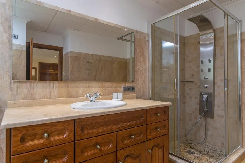 A bathroom vanity with a sink and a glass-enclosed shower.