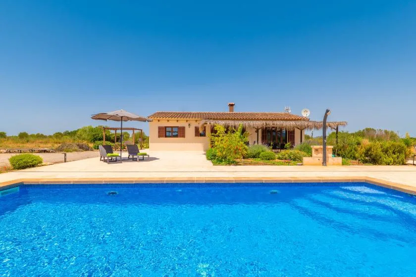An outdoor swimming pool sits beside a low house and shaded patio.