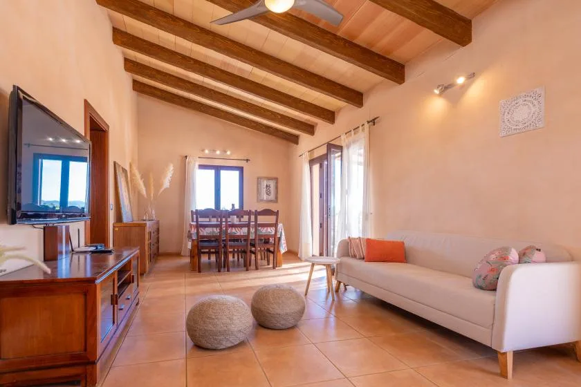 A bright living and dining room with a television, dining table, and seating.