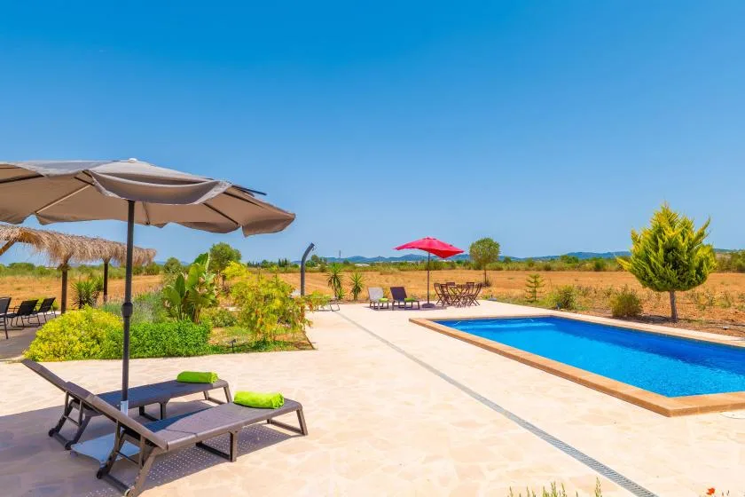 An outdoor swimming pool sits beside a paved patio with lounge seating and umbrellas.