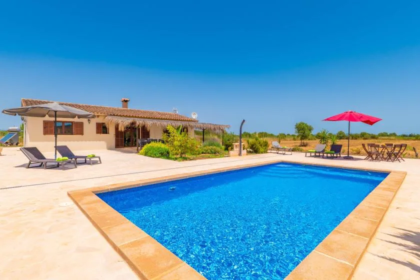 An outdoor swimming pool sits beside a low building and patio seating under a clear sky.