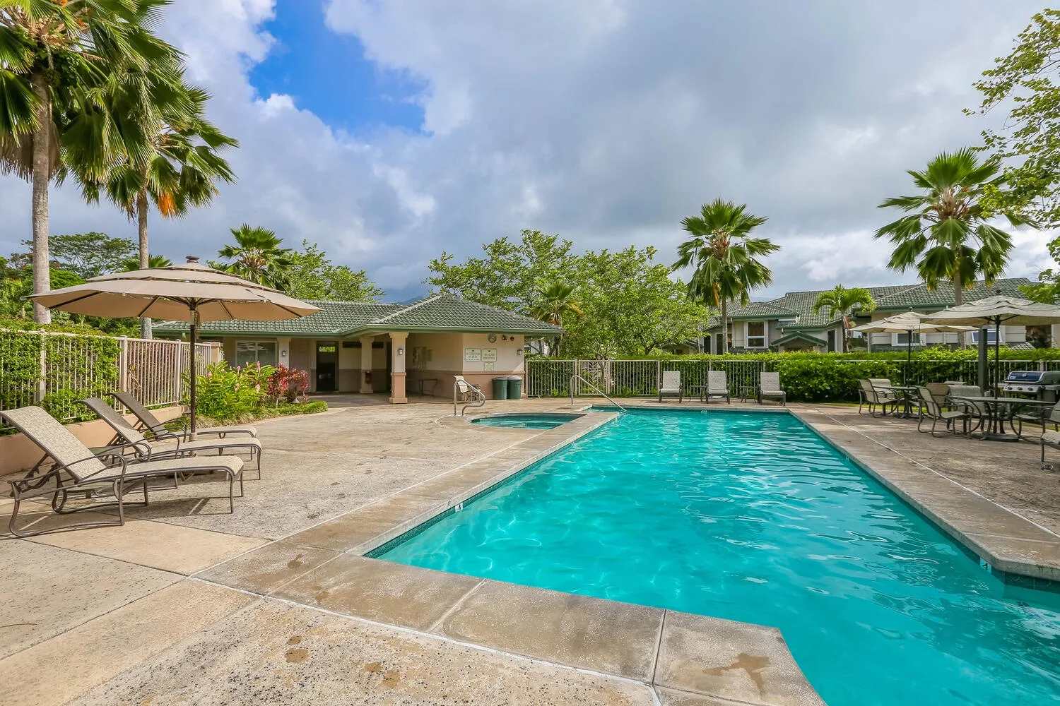 An outdoor swimming pool is surrounded by loungers, palms, and greenery.