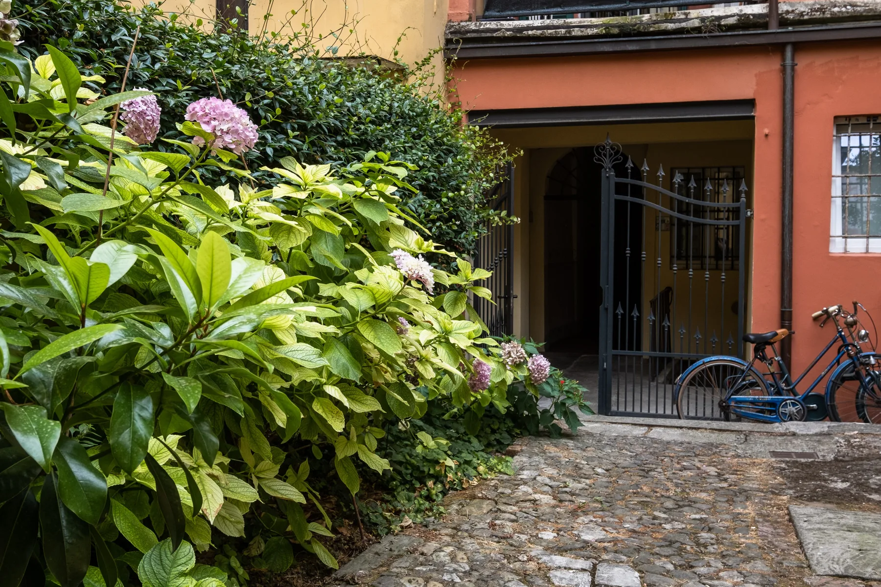 A cobbled courtyard with flowering plants beside a gated entrance.