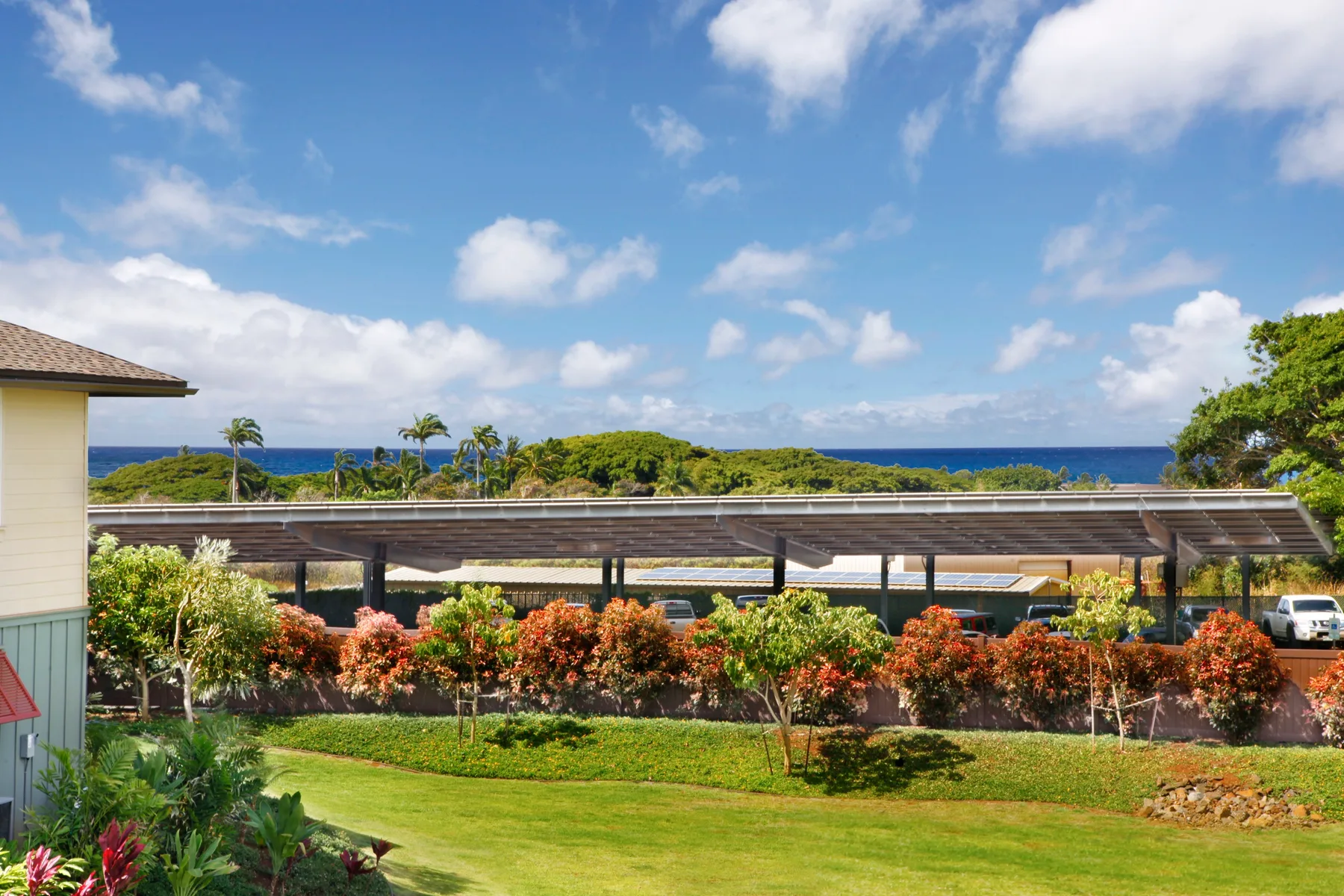 A landscaped garden with flowering shrubs overlooks the ocean beneath a blue sky.
