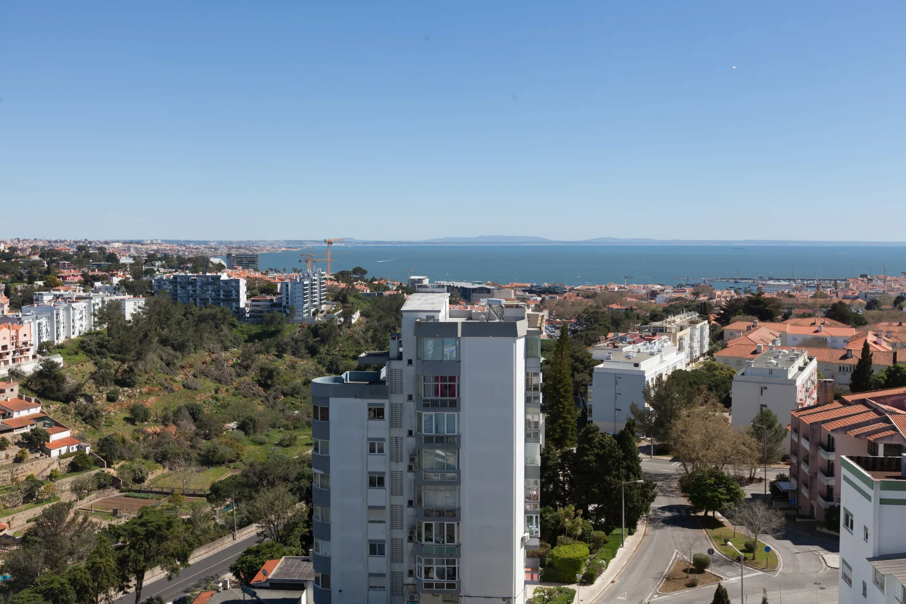 A coastal cityscape with residential buildings, greenery, and the sea in the distance.