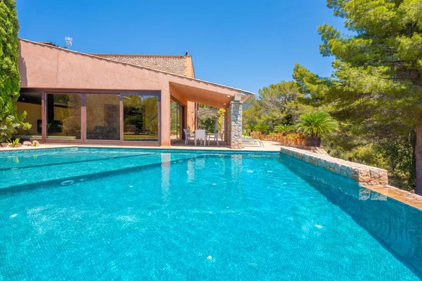 A swimming pool beside a modern house, surrounded by trees and greenery.