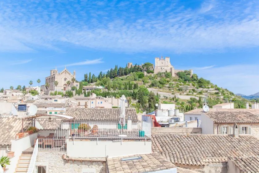 A hillside town with clustered rooftops and a castle above.