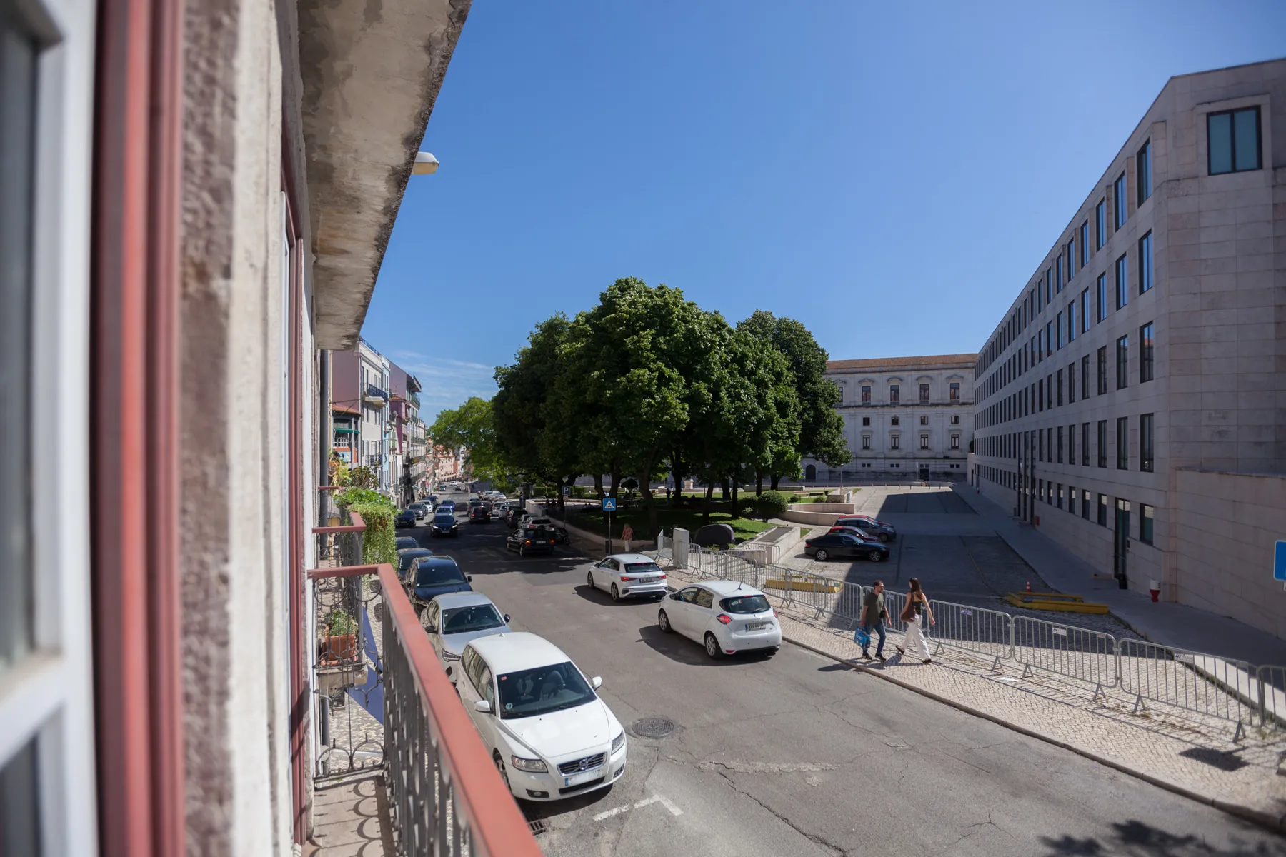 Una calle y plaza urbana con coches estacionados, un árbol grande y edificios alrededor.