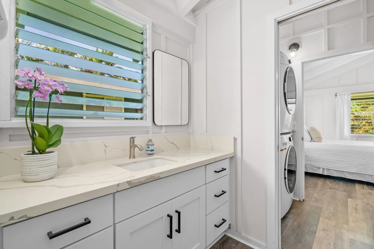 Un tocador de baño luminoso junto a una ventana amplia y una orquídea en maceta.