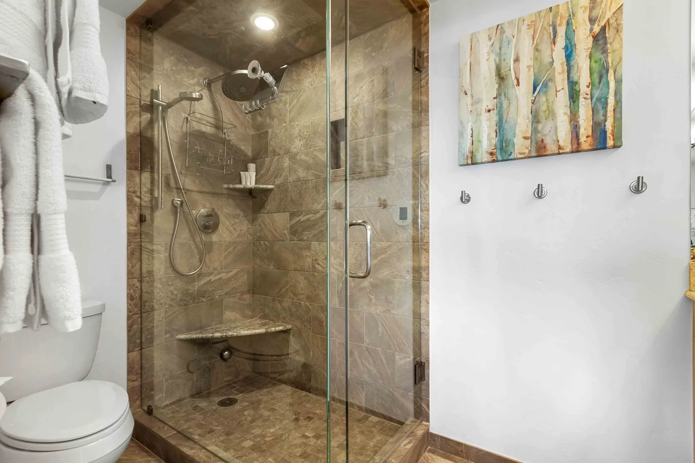Un baño con azulejos, ducha de vidrio e inodoro.