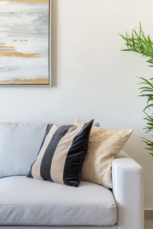 A living room seating area with a light sofa and decorative cushions.