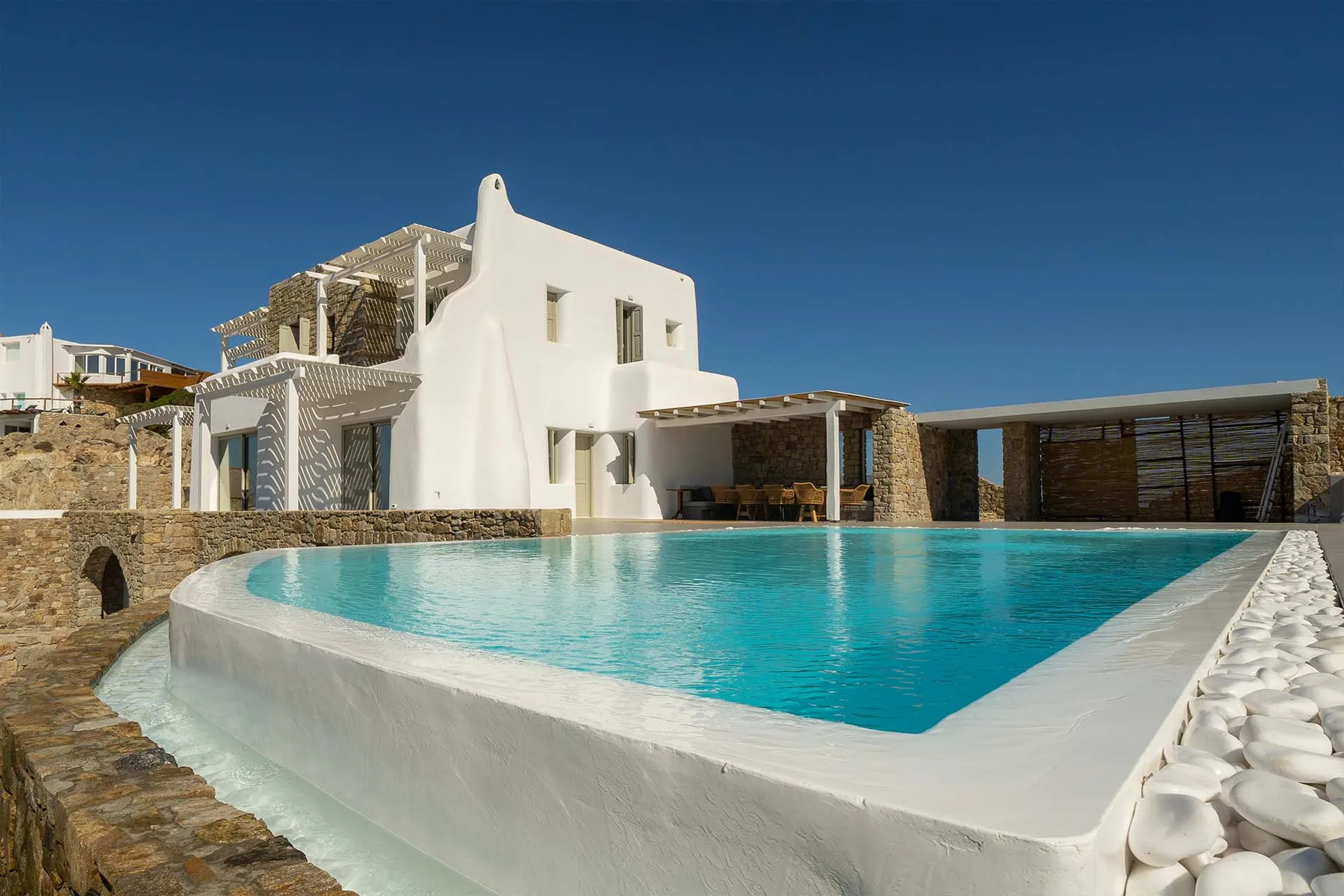 Una villa blanca junto a una piscina turquesa bajo un cielo azul despejado.
