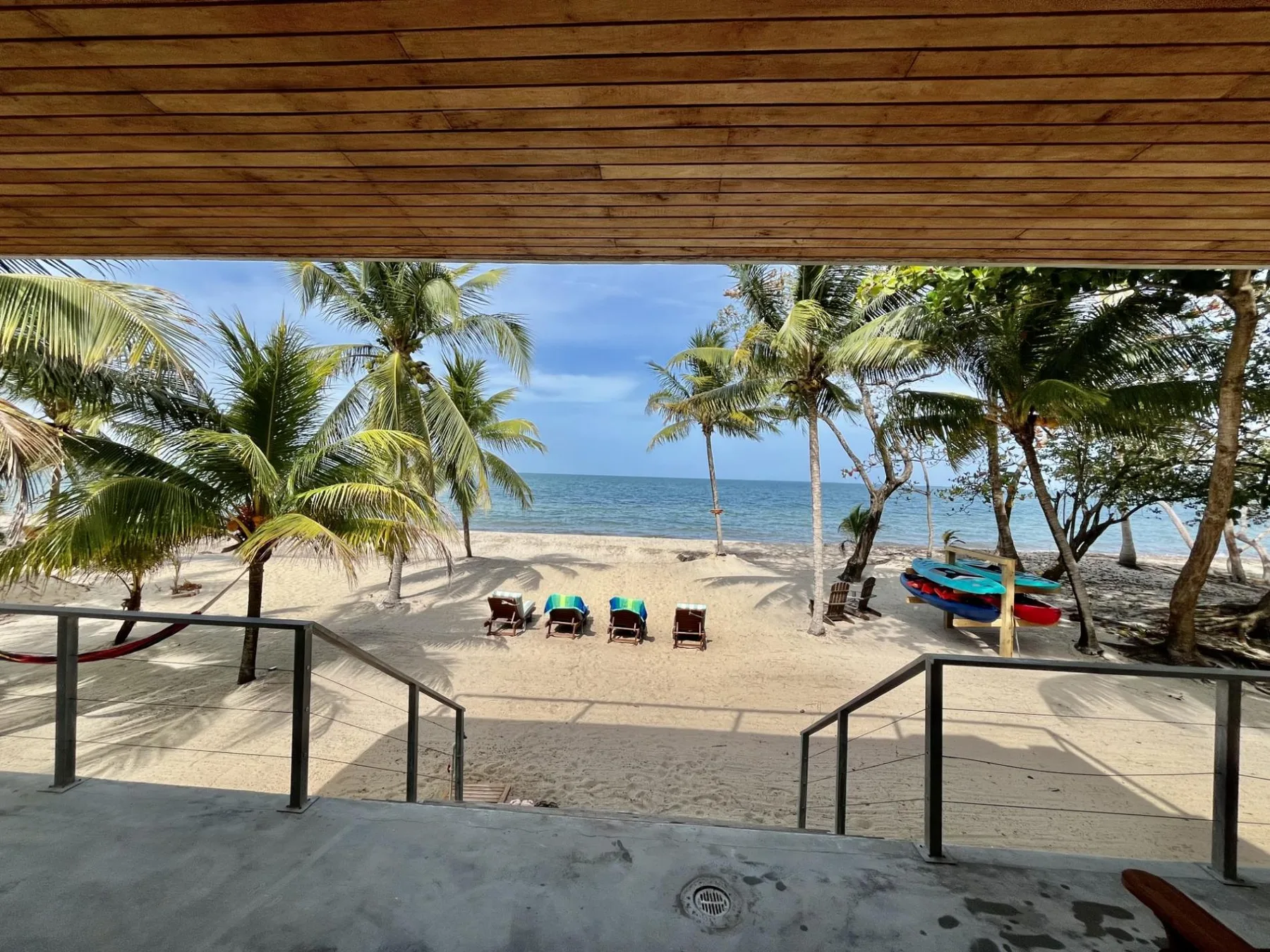 A beach is viewed from a shaded terrace, with palm trees and the ocean beyond.