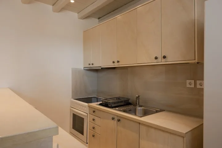 A compact kitchen with pale cabinets, a cooktop, and a sink.