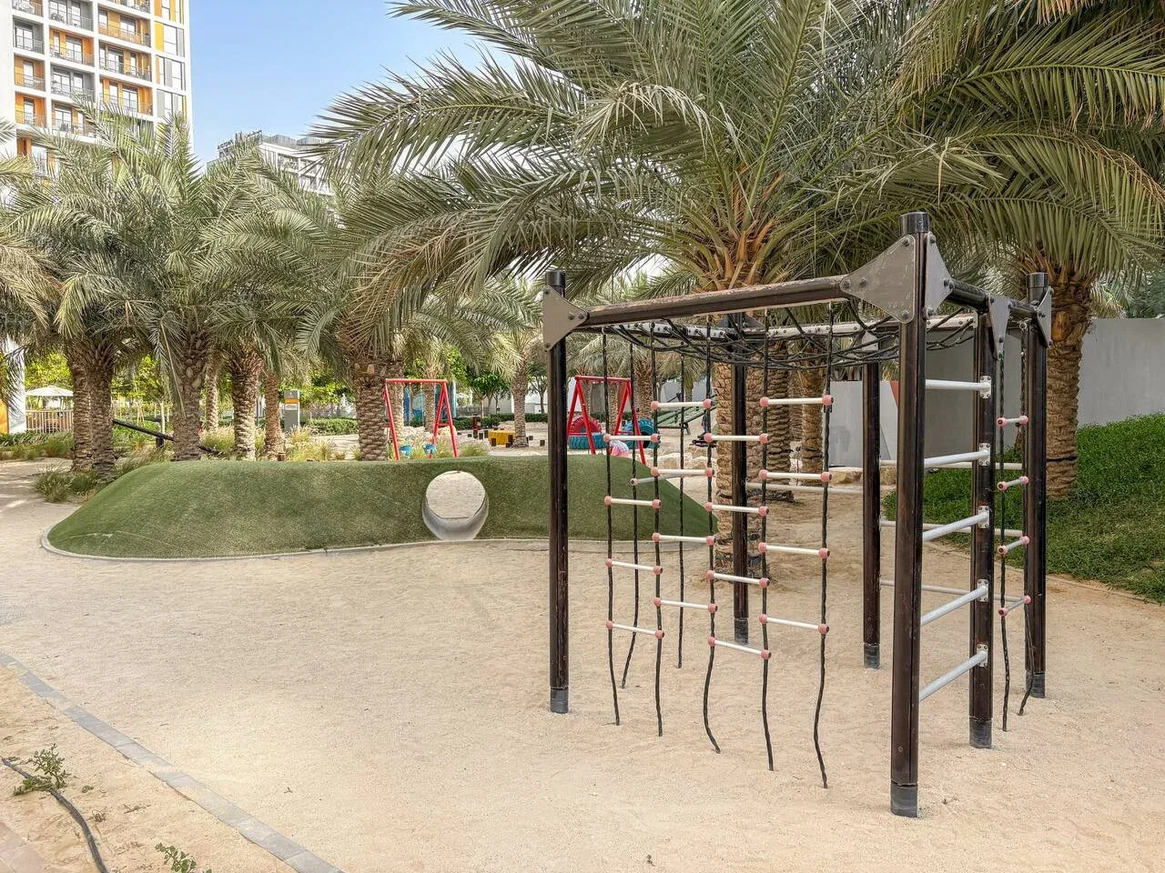 An outdoor playground with a climbing frame among palm trees.