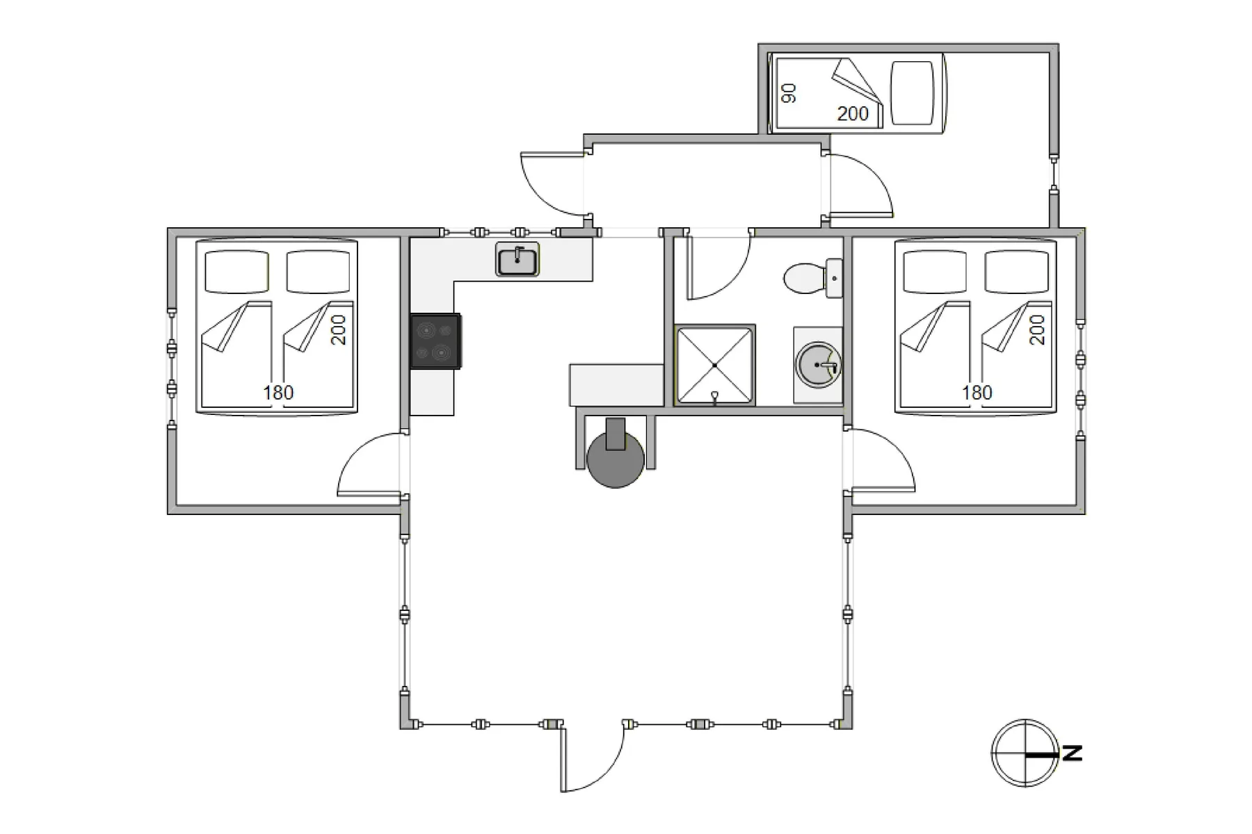 Un plano muestra dos dormitorios, un baño y una zona central de estar.