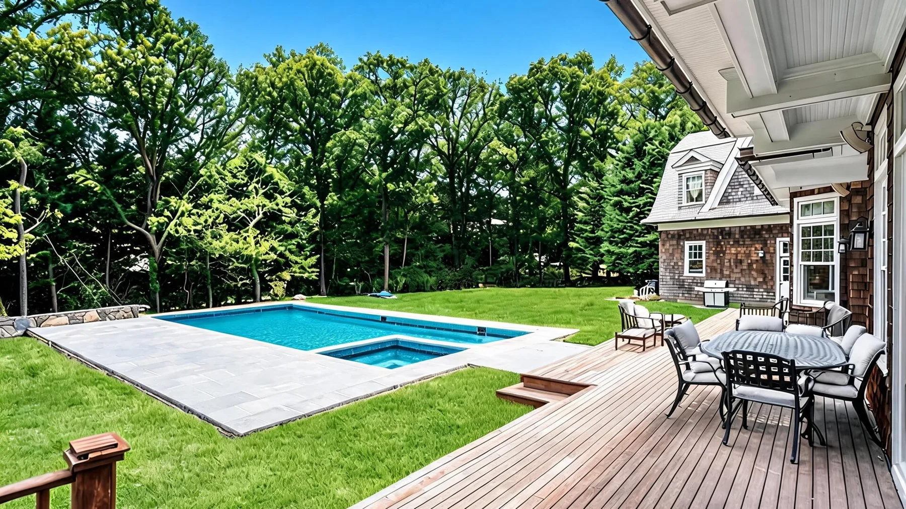 Una piscina y una terraza de madera junto a una casa, rodeadas de césped y árboles.
