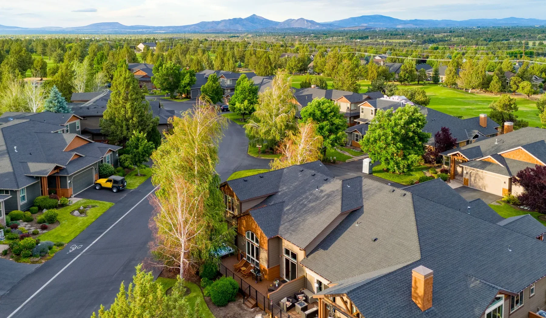 Aerial view of a residential neighborhood with homes, trees, and distant mountains.