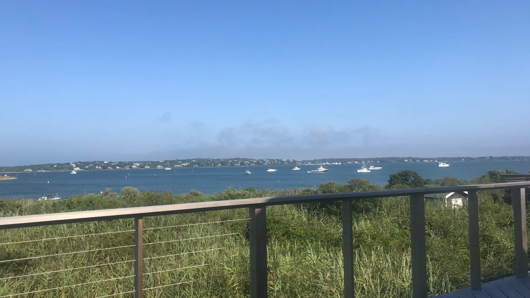A coastal view shows boats across the water beyond a railing and grassy shore.