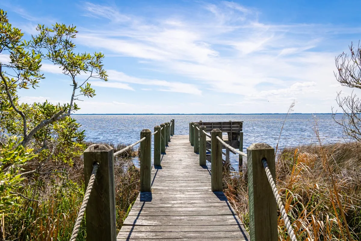 A wooden boardwalk extends through coastal vegetation toward the water.