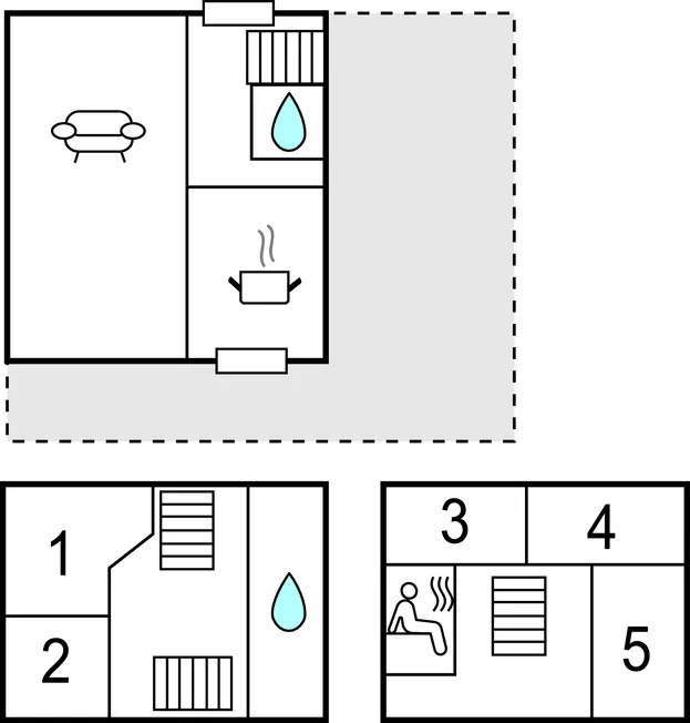Un diagrama sencillo muestra distribuciones de habitaciones y símbolos de muebles.