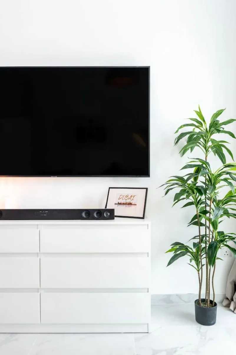 Una zona de estar con televisor en la pared, mueble blanco y planta en maceta.