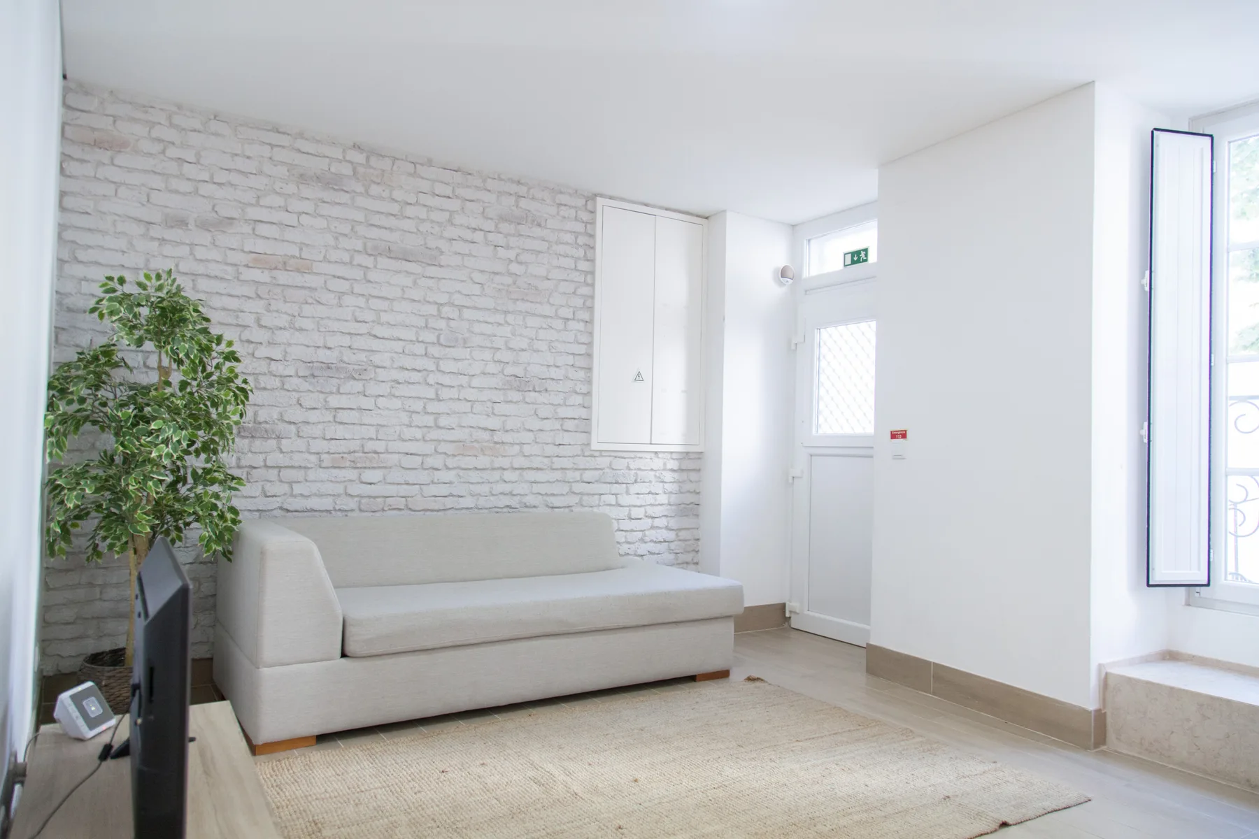 A bright living room with a sofa, a pale brick wall, and a large rug.