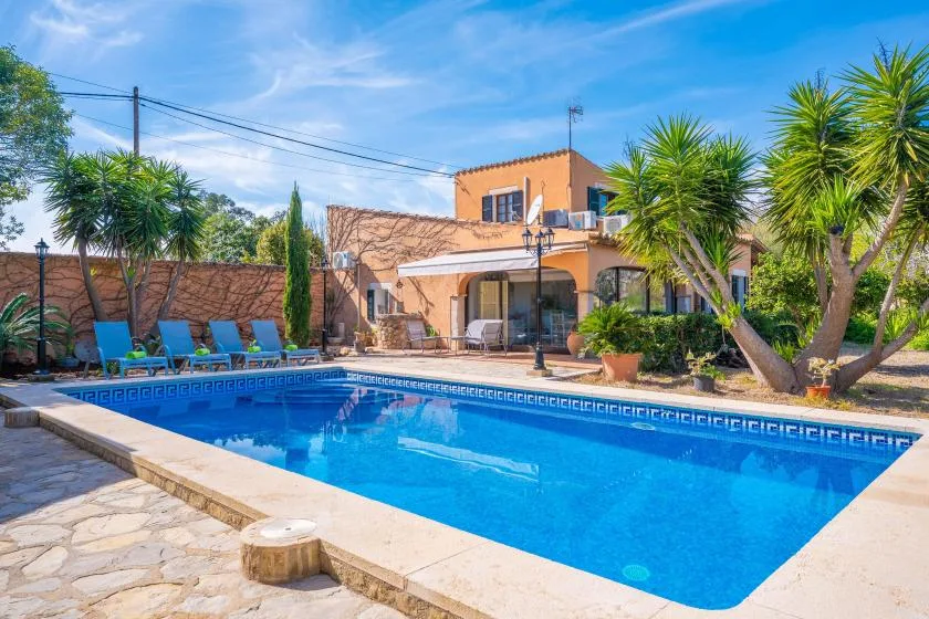 An outdoor swimming pool beside a terracotta-colored house, surrounded by palm trees and seating.