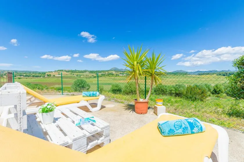 A sunny outdoor patio with seating, potted plants, and open countryside beyond a fence.