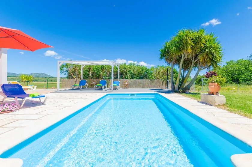An outdoor swimming pool bordered by a paved patio and lounge seating.