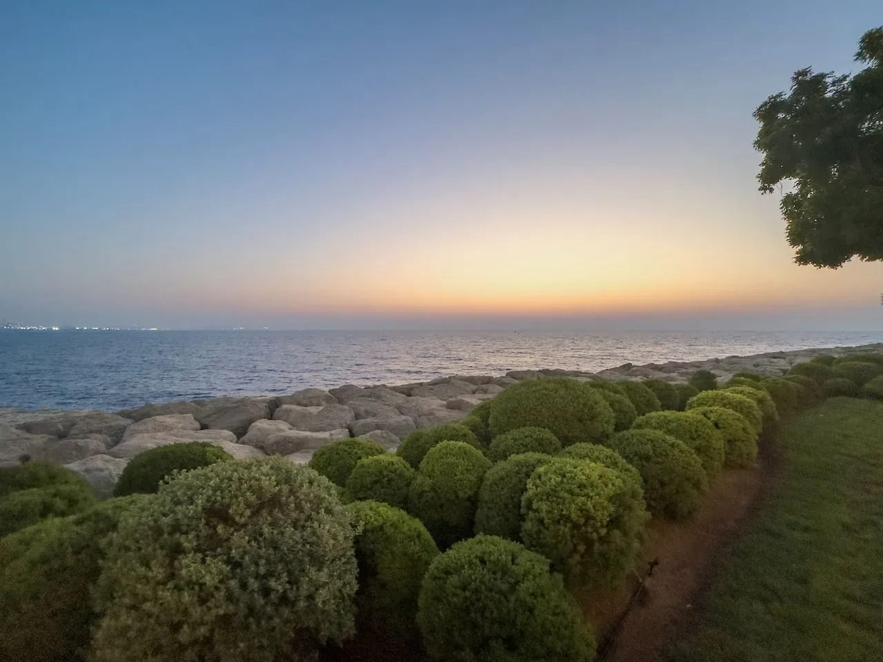 Un jardín junto al mar mira al océano bajo un atardecer colorido.