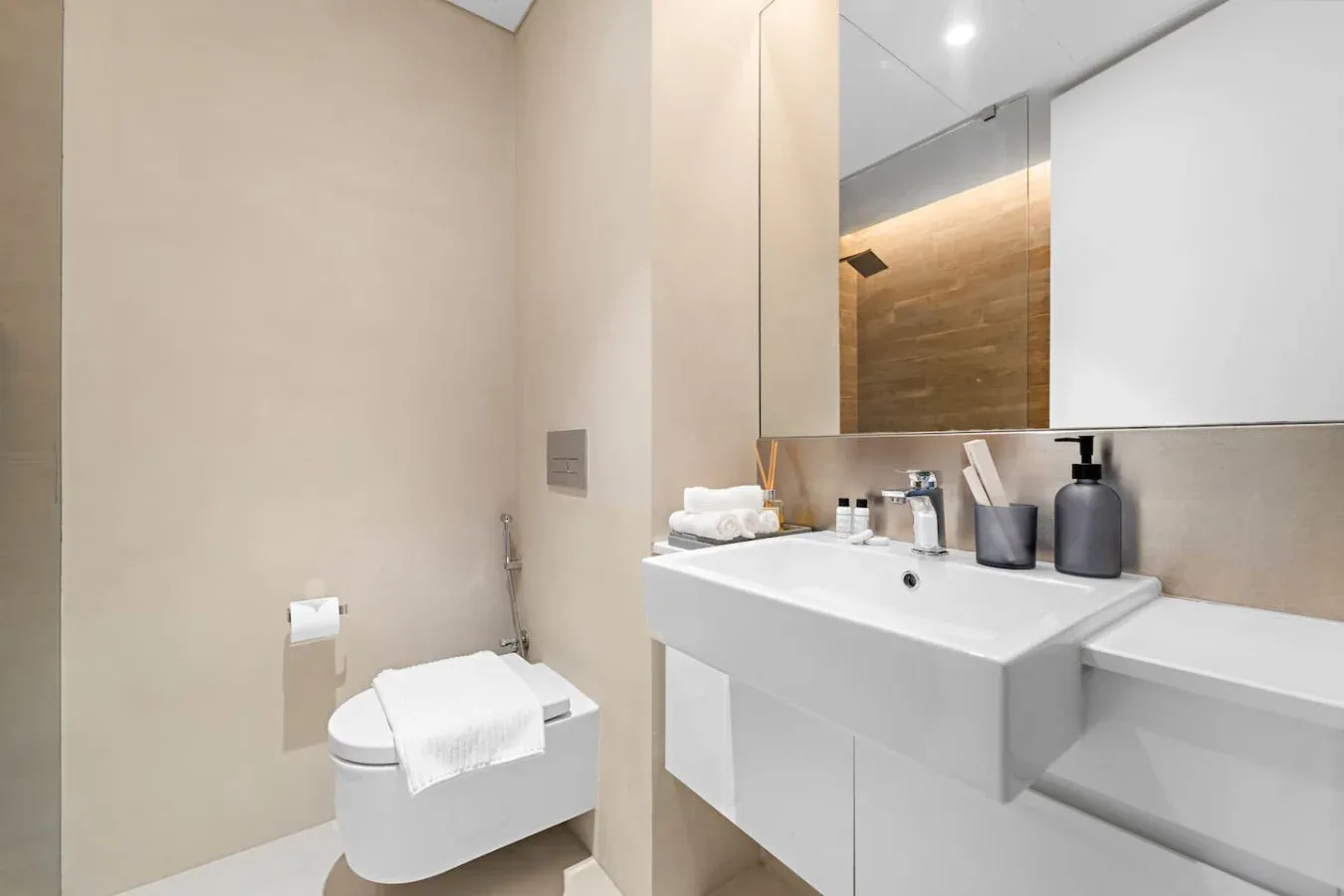 Un baño moderno con un inodoro suspendido y un lavabo amplio.