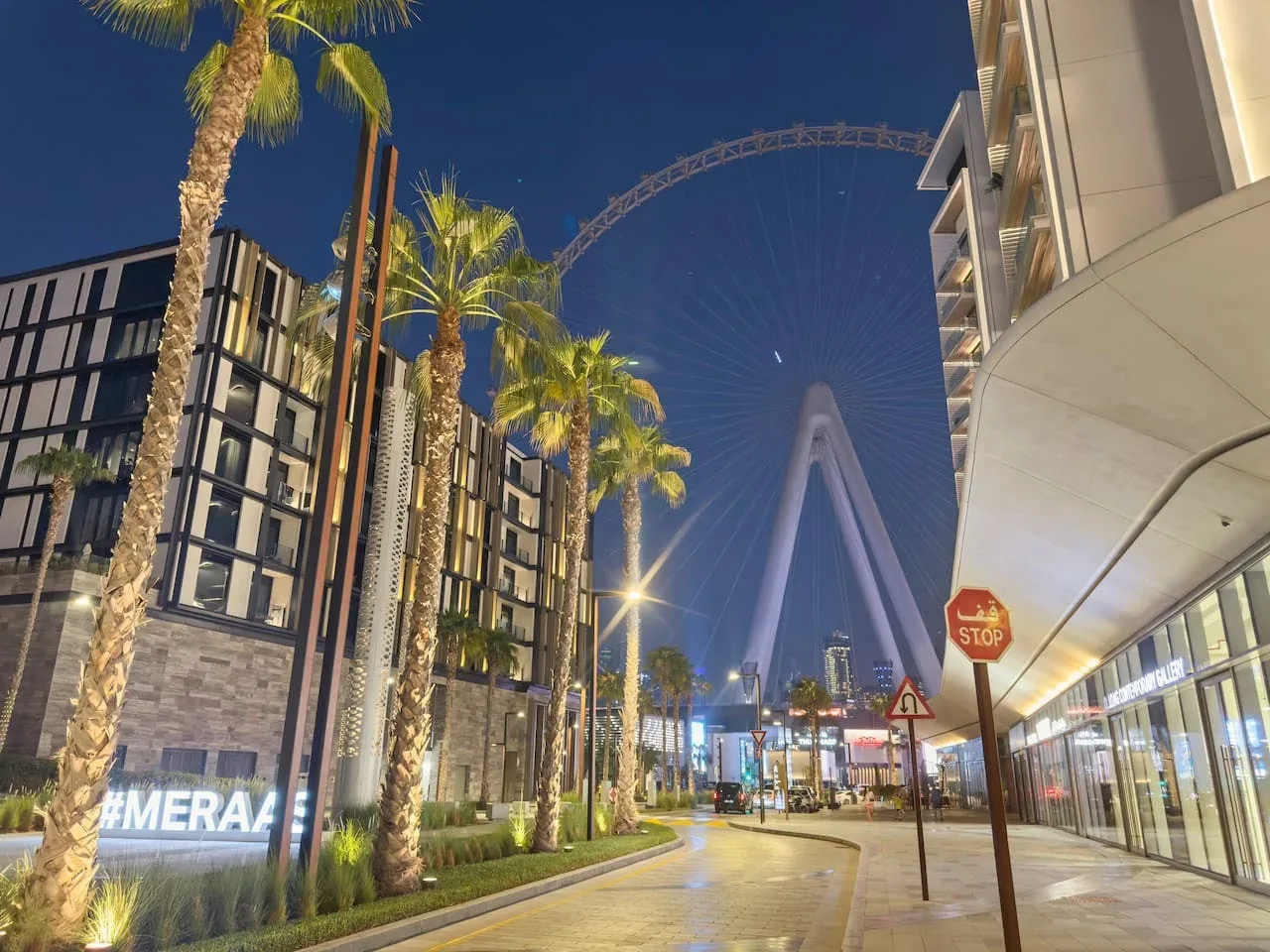 Vistas al aire libre: ¡Pasea por senderos bordeados de palmeras con impresionantes vistas de la noria Dubai Eye!