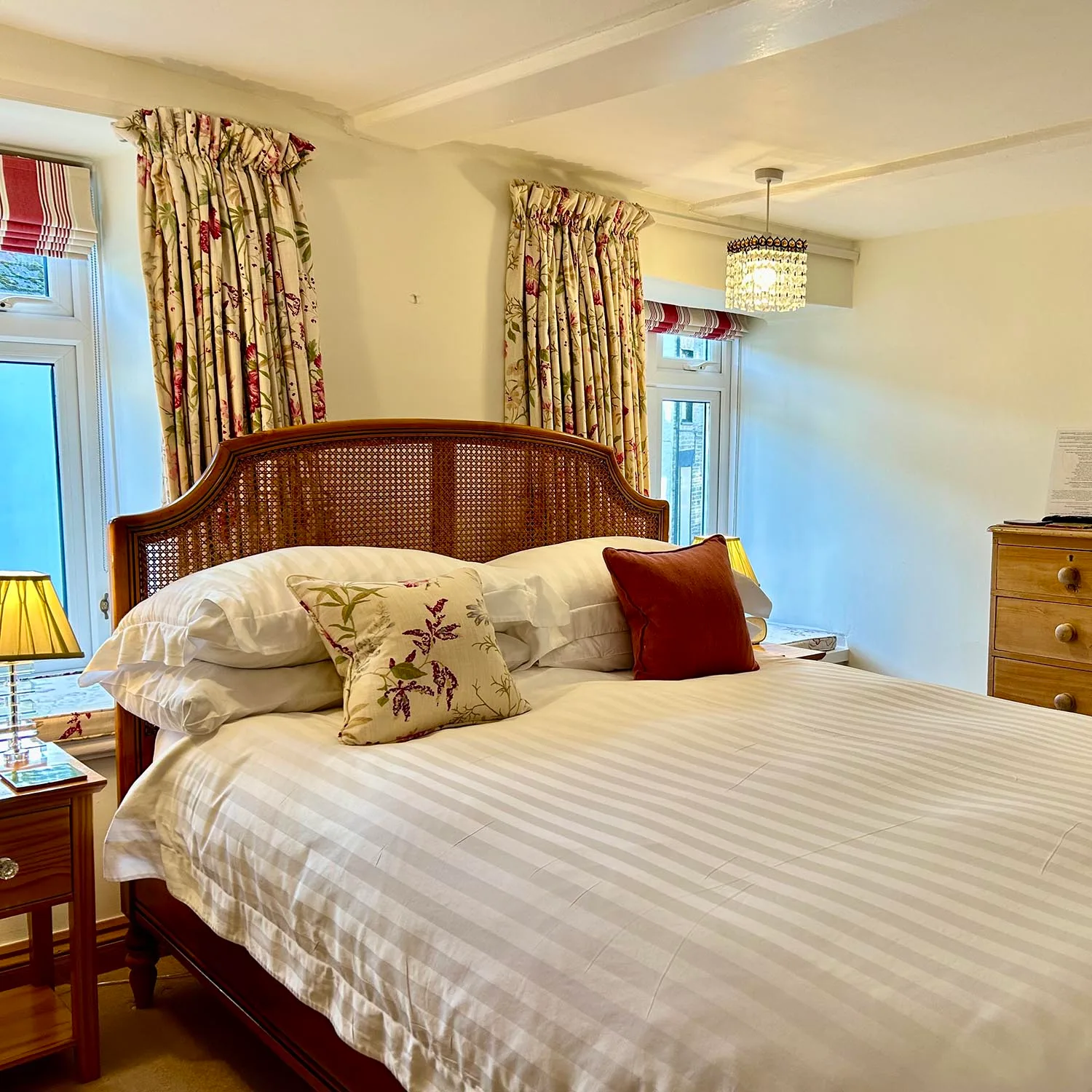 Tamarisk double bedroom with windows overlooking Padstow's Old Town
